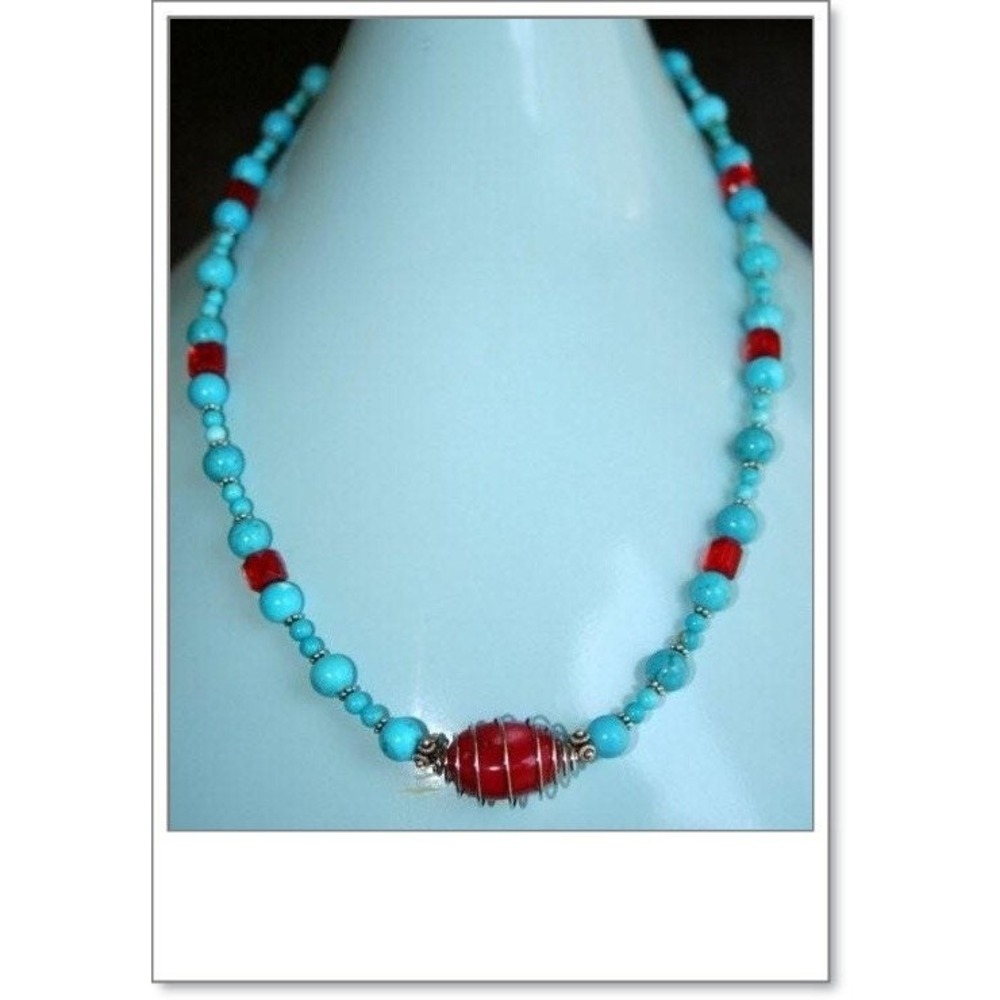 Hand made necklace w/Chalk Turquoise glass bead sterling silver sea bamboo